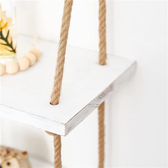 Hanging Shelves 3 Tier White Wood Wall Mount Floating Shelf with Rope Boho Decor - Picture 4 of 5